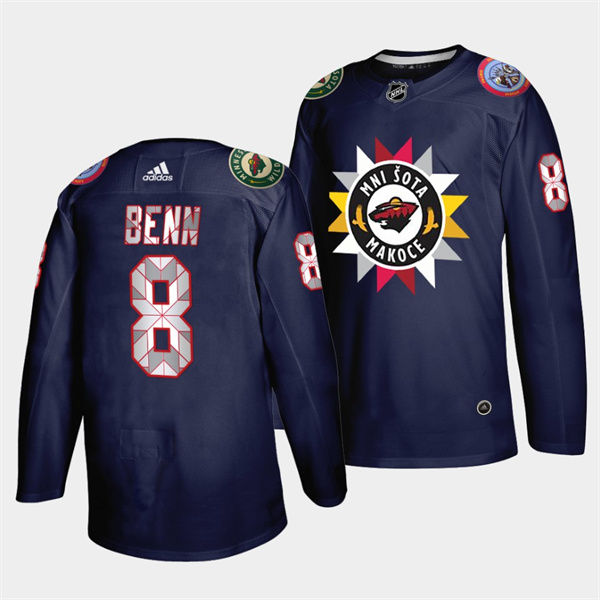 Men's Minnesota Wild #8 Jordie Benn 2021/22 Navy Native American Heritage Day Stitched Jersey Men's Minnesota Wild #8 Jordie Benn 2021/22 Navy Native American Heritage Day Stitched Jersey